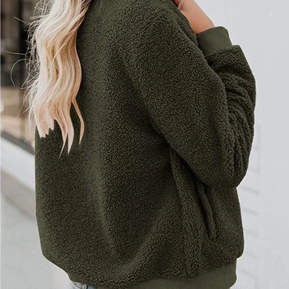 Women’s Sherpa Fleece Bomber Jacket Olive Green Size Large - Picture 3 of 10